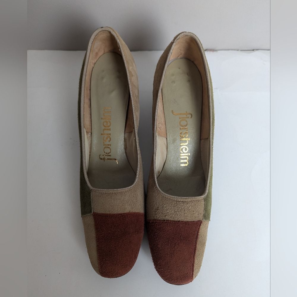Florsheim Suede pumps patchwork vintage heels block heel round square toe sz 8.5 - Picture 3 of 10